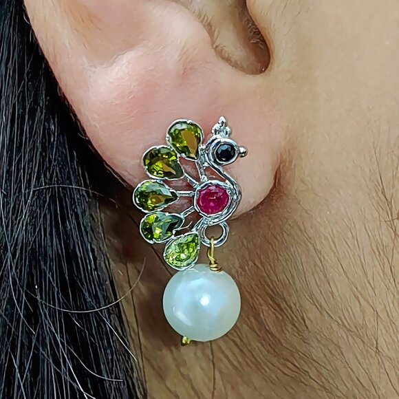 Sterling Silver Peacock Shape Indian Embedded Tourmaline Pearl Handmade Earrings - Picture 2 of 4